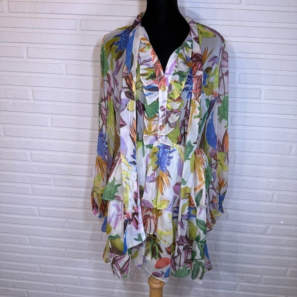 Ark & Co Beige Floral Tiered Ruffle Tie Mini Dress, Women’s Size Small